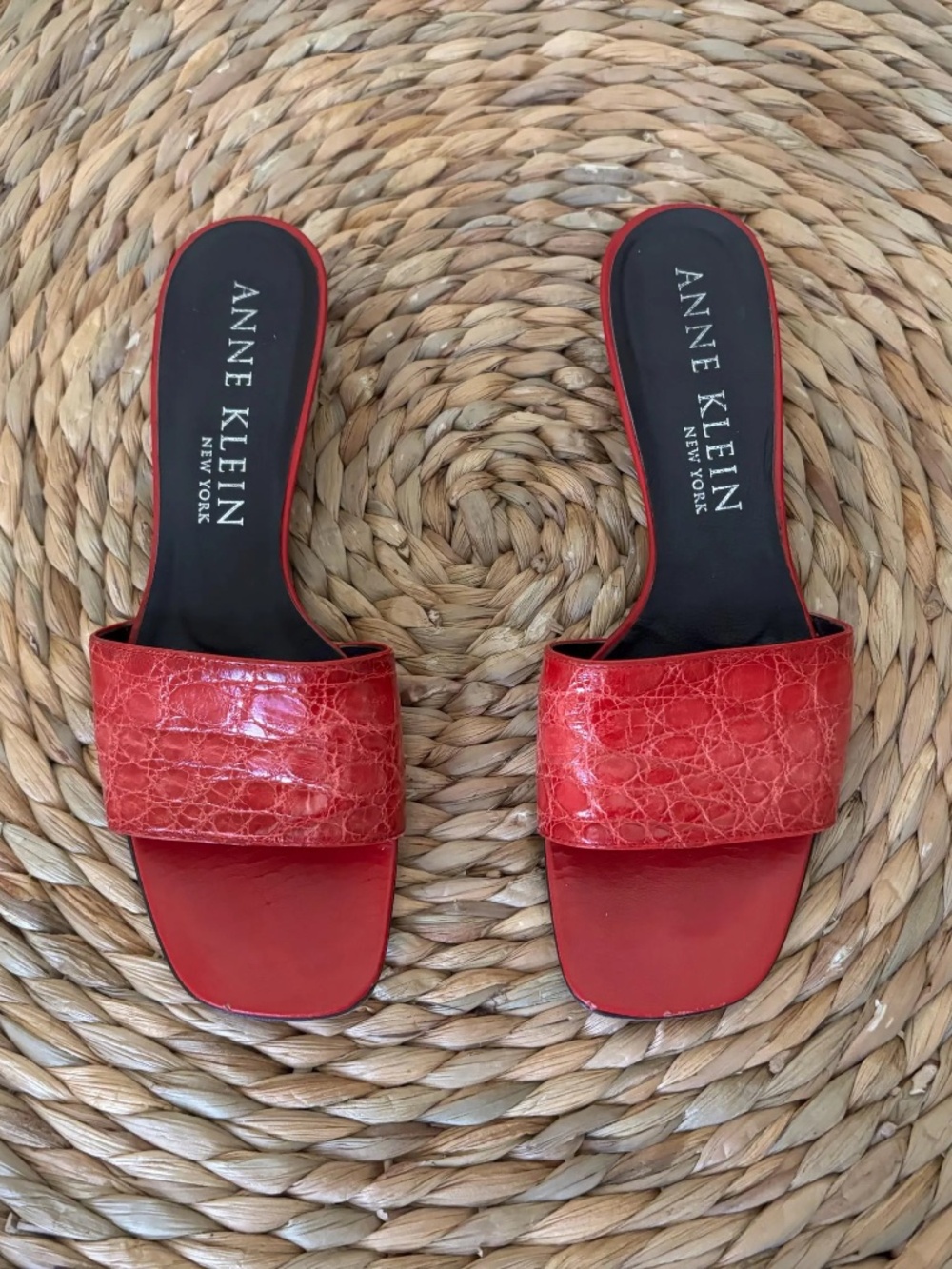 ANNE KLEIN Red Croc Embossed Leather MULE Kitten Heel Slide 7.5 Vero Cuoio ITALY - Picture 2 of 11